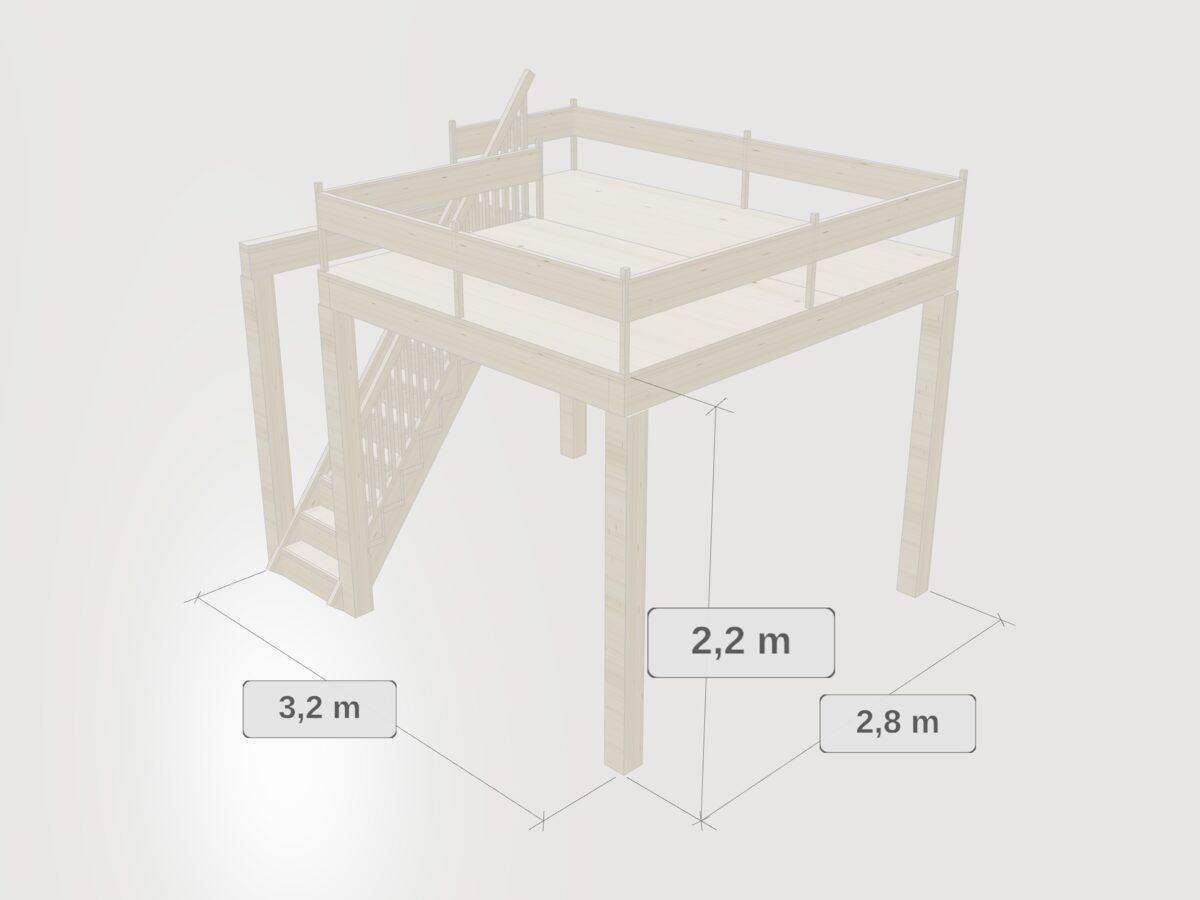 Hochebene auf vier Stützen mit Treppe und Brüstung, im Konfigurator geplant